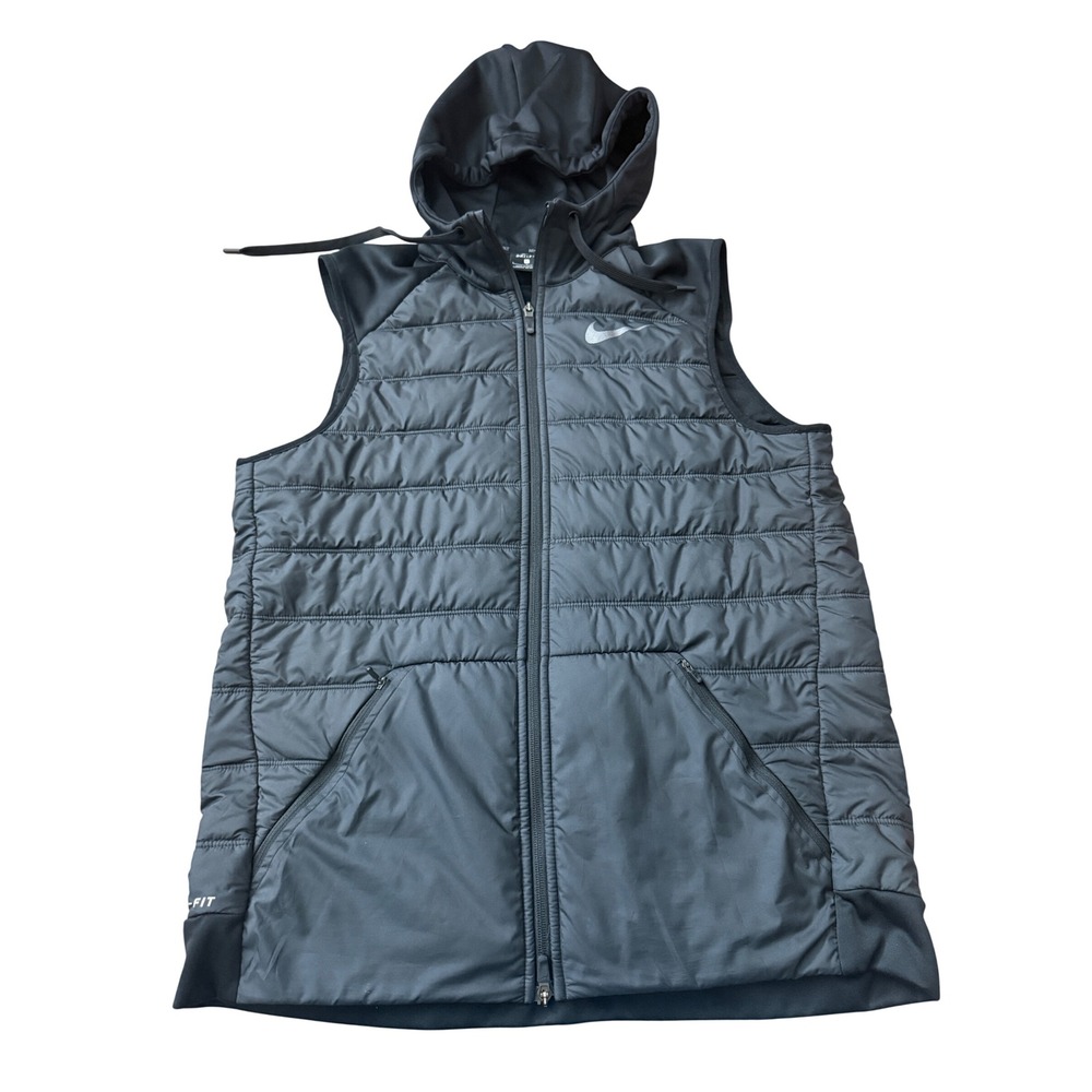 Nike Therma-FIT Mens Hooded Puffer Vest Black Full Zip Quilted Running XL
